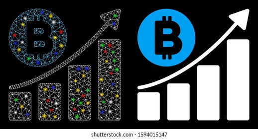 Glossy mesh Bitcoin bar chart trend icon with glow effect. Abstract illuminated model of Bitcoin bar chart trend. Shiny wire carcass polygonal mesh Bitcoin bar chart trend icon.