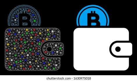 Glossy mesh Bitcoin billfold icon with lightspot effect. Abstract illuminated model of Bitcoin billfold. Shiny wire carcass triangular mesh Bitcoin billfold icon.