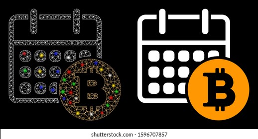 Glossy mesh Bitcoin calendar icon with glitter effect. Abstract illuminated model of Bitcoin calendar. Shiny wire carcass triangular mesh Bitcoin calendar icon.