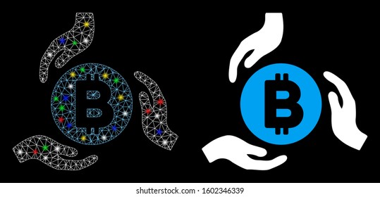 Glossy mesh Bitcoin care hands icon with glitter effect. Abstract illuminated model of Bitcoin care hands. Shiny wire carcass triangular mesh Bitcoin care hands icon.