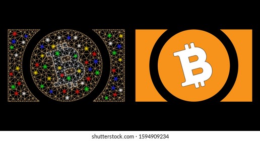 Glossy mesh Bitcoin cash icon with glare effect. Abstract illuminated model of Bitcoin cash. Shiny wire frame triangular network Bitcoin cash icon. Vector abstraction on a black background.
