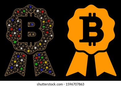 Glossy mesh Bitcoin certificate seal icon with glitter effect. Abstract illuminated model of Bitcoin certificate seal. Shiny wire carcass polygonal mesh Bitcoin certificate seal icon.