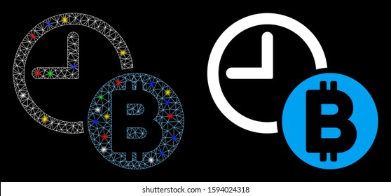 Glossy mesh Bitcoin credit clock icon with sparkle effect. Abstract illuminated model of Bitcoin credit clock. Shiny wire frame polygonal mesh Bitcoin credit clock icon.