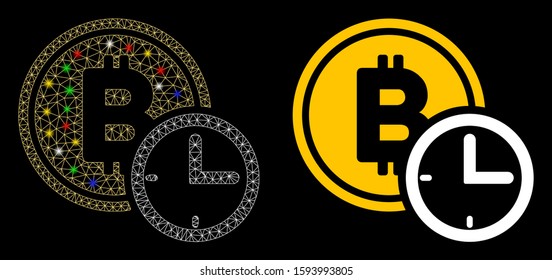 Glossy mesh Bitcoin credit time icon with lightspot effect. Abstract illuminated model of Bitcoin credit time. Shiny wire frame triangular mesh Bitcoin credit time icon.