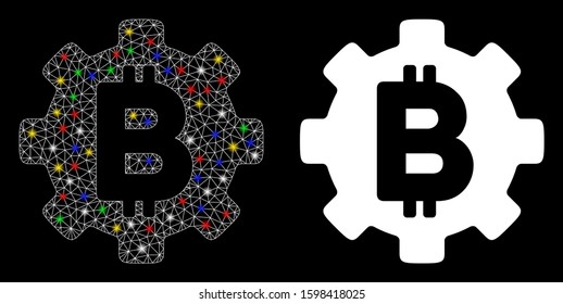 Glossy mesh Bitcoin development gear icon with glare effect. Abstract illuminated model of Bitcoin development gear. Shiny wire carcass polygonal mesh Bitcoin development gear icon.