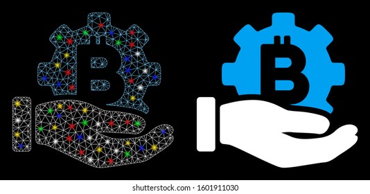 Glossy mesh Bitcoin development service hand icon with glitter effect. Abstract illuminated model of Bitcoin development service hand.