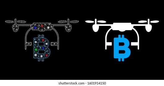 Glossy mesh Bitcoin drone delivery icon with glare effect. Abstract illuminated model of Bitcoin drone delivery. Shiny wire carcass polygonal mesh Bitcoin drone delivery icon.