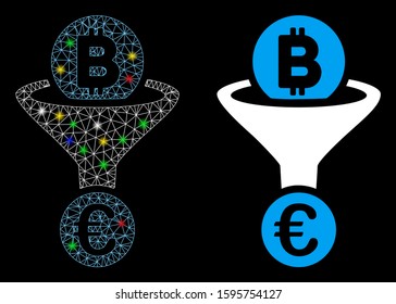 Glossy mesh Bitcoin Euro conversion funnel icon with glare effect. Abstract illuminated model of Bitcoin Euro conversion funnel. Shiny wire frame polygonal mesh Bitcoin Euro conversion funnel icon.