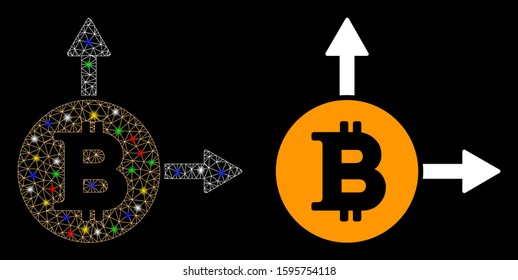Glossy mesh Bitcoin fork icon with glare effect. Abstract illuminated model of Bitcoin fork. Shiny wire carcass triangular mesh Bitcoin fork icon. Vector abstraction on a black background.