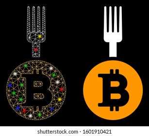 Glossy mesh Bitcoin fork icon with glow effect. Abstract illuminated model of Bitcoin fork. Shiny wire frame polygonal mesh Bitcoin fork icon. Vector abstraction on a black background.