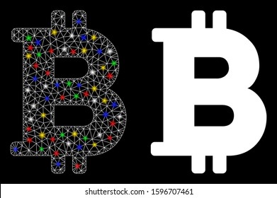 Glossy mesh Bitcoin icon with glow effect. Abstract illuminated model of Bitcoin. Shiny wire carcass triangular mesh Bitcoin icon. Vector abstraction on a black background.