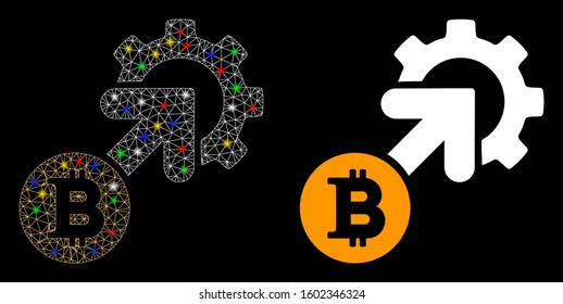 Glossy mesh Bitcoin integration cog icon with sparkle effect. Abstract illuminated model of Bitcoin integration cog. Shiny wire frame polygonal mesh Bitcoin integration cog icon.