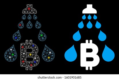 Glossy mesh Bitcoin laundering shower icon with lightspot effect. Abstract illuminated model of Bitcoin laundering shower. Shiny wire carcass triangular mesh Bitcoin laundering shower icon.
