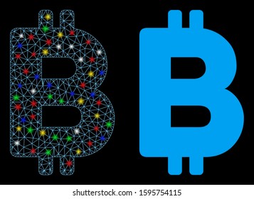 Glossy mesh Bitcoin letter icon with lightspot effect. Abstract illuminated model of Bitcoin letter. Shiny wire carcass triangular mesh Bitcoin letter icon. Vector abstraction on a black background.