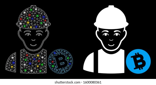 Glossy mesh Bitcoin miner icon with glitter effect. Abstract illuminated model of Bitcoin miner. Shiny wire frame polygonal mesh Bitcoin miner icon. Vector abstraction on a black background.