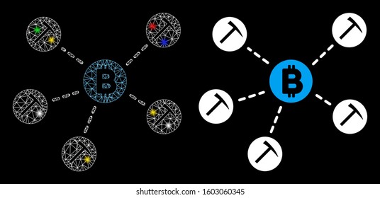 Glossy mesh Bitcoin mining pool icon with glitter effect. Abstract illuminated model of Bitcoin mining pool. Shiny wire frame triangular mesh Bitcoin mining pool icon.