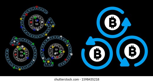 Glossy mesh Bitcoin mixer rotation icon with glitter effect. Abstract illuminated model of Bitcoin mixer rotation. Shiny wire frame polygonal mesh Bitcoin mixer rotation icon.
