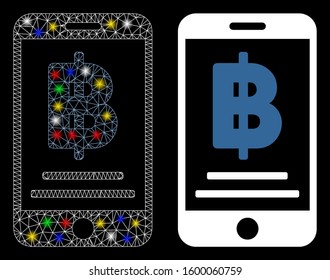 Glossy mesh Bitcoin mobile payment icon with glare effect. Abstract illuminated model of Bitcoin mobile payment. Shiny wire carcass polygonal mesh Bitcoin mobile payment icon.