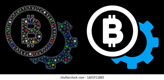 Glossy mesh Bitcoin options cog icon with glow effect. Abstract illuminated model of Bitcoin options cog. Shiny wire carcass polygonal mesh Bitcoin options cog icon.