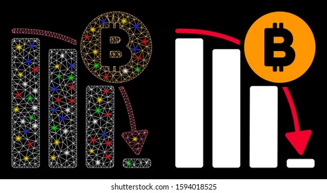 Glossy mesh Bitcoin panic fall chart icon with glitter effect. Abstract illuminated model of Bitcoin panic fall chart. Shiny wire carcass triangular mesh Bitcoin panic fall chart icon.