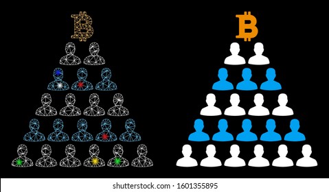 Glossy mesh Bitcoin Ponzi pyramid icon with lightspot effect. Abstract illuminated model of Bitcoin Ponzi pyramid. Shiny wire frame triangular mesh Bitcoin Ponzi pyramid icon.