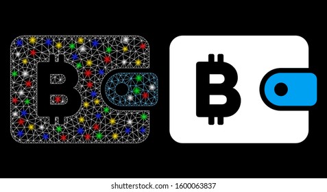 Glossy mesh Bitcoin pouch icon with lightspot effect. Abstract illuminated model of Bitcoin pouch. Shiny wire frame triangular mesh Bitcoin pouch icon. Vector abstraction on a black background.