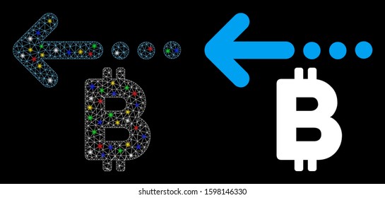 Glossy mesh Bitcoin refund back icon with lightspot effect. Abstract illuminated model of Bitcoin refund back. Shiny wire frame triangular mesh Bitcoin refund back icon.