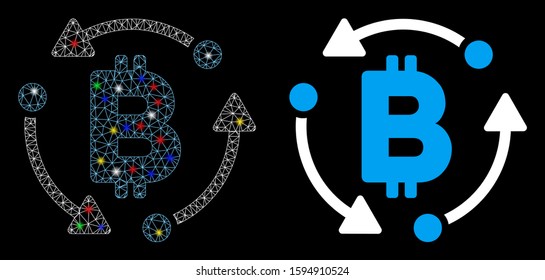 Glossy mesh Bitcoin rotation icon with sparkle effect. Abstract illuminated model of Bitcoin rotation. Shiny wire carcass polygonal mesh Bitcoin rotation icon.