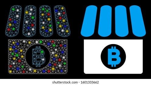 Glossy mesh Bitcoin shop icon with sparkle effect. Abstract illuminated model of Bitcoin shop. Shiny wire carcass polygonal mesh Bitcoin shop icon. Vector abstraction on a black background.