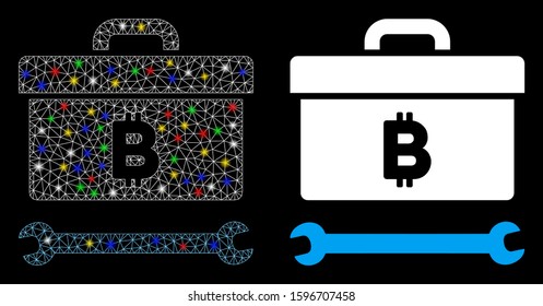 Glossy mesh Bitcoin toolbox icon with glare effect. Abstract illuminated model of Bitcoin toolbox. Shiny wire frame triangular mesh Bitcoin toolbox icon. Vector abstraction on a black background.