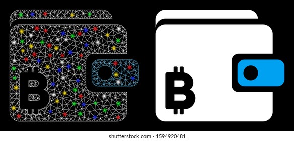Glossy mesh Bitcoin wallet icon with glare effect. Abstract illuminated model of Bitcoin wallet. Shiny wire frame polygonal mesh Bitcoin wallet icon. Vector abstraction on a black background.