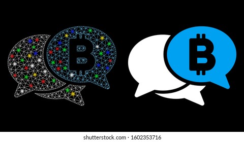 Glossy mesh Bitcoin webinar icon with glow effect. Abstract illuminated model of Bitcoin webinar. Shiny wire carcass triangular mesh Bitcoin webinar icon. Vector abstraction on a black background.