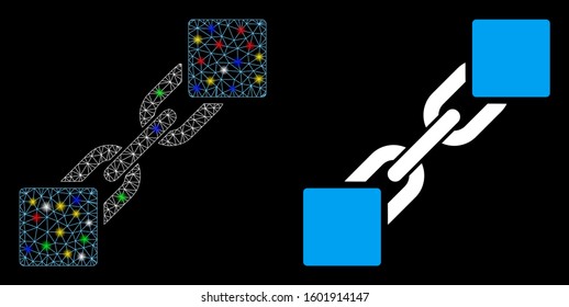 Glossy mesh blockchain icon with glare effect. Abstract illuminated model of blockchain. Shiny wire frame triangular mesh blockchain icon. Vector abstraction on a black background.