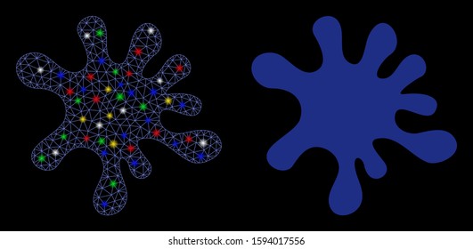 Glossy mesh blot icon with glare effect. Abstract illuminated model of blot. Shiny wire frame triangular mesh blot icon. Vector abstraction on a black background.