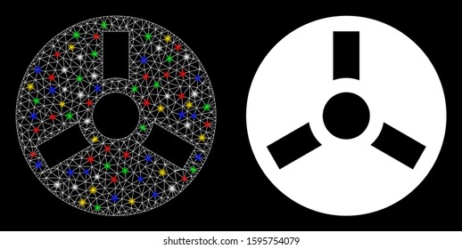 Glossy mesh bobbin icon with glare effect. Abstract illuminated model of bobbin. Shiny wire carcass triangular mesh bobbin icon. Vector abstraction on a black background.