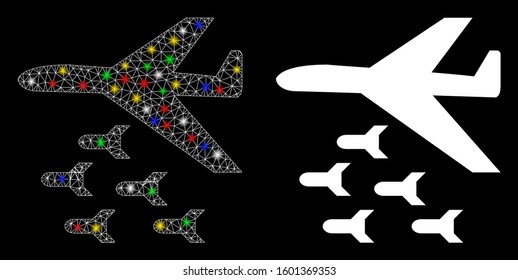 Glossy mesh bomber bombs icon with glare effect. Abstract illuminated model of bomber bombs. Shiny wire carcass polygonal mesh bomber bombs icon. Vector abstraction on a black background.
