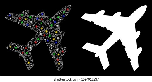 Glossy mesh bomber icon with glow effect. Abstract illuminated model of bomber. Shiny wire carcass polygonal mesh bomber icon. Vector abstraction on a black background.