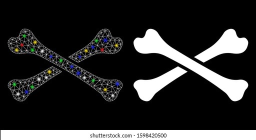 Glossy mesh bones icon with glitter effect. Abstract illuminated model of bones. Shiny wire frame polygonal mesh bones icon. Vector abstraction on a black background.