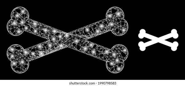 Glossy mesh bones with light spots. Linear frame flat mesh generated with intersected white lines and bones icon. White mesh and sparkle frame mesh bones on a black background.