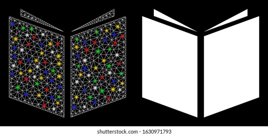 Glossy mesh book icon with lightspot effect. Abstract illuminated model of book. Shiny wire frame polygonal mesh book icon. Vector abstraction on a black background.