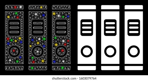 Glossy mesh books icon with glare effect. Abstract illuminated model of books. Shiny wire frame triangular mesh books icon. Vector abstraction on a black background.