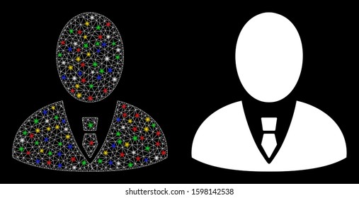 Glossy mesh boss icon with glare effect. Abstract illuminated model of boss. Shiny wire carcass polygonal mesh boss icon. Vector abstraction on a black background.