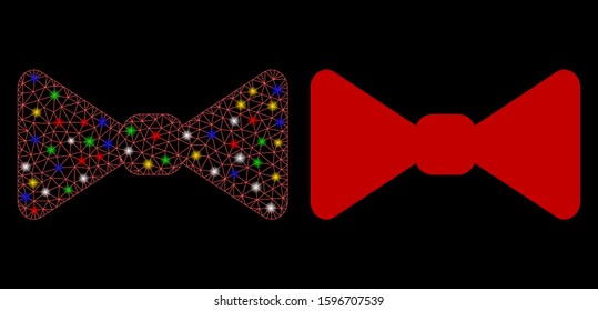 Glossy mesh bow tie icon with lightspot effect. Abstract illuminated model of bow tie. Shiny wire frame polygonal mesh bow tie icon. Vector abstraction on a black background.