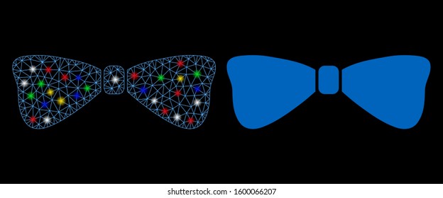 Glossy mesh bow tie icon with glitter effect. Abstract illuminated model of bow tie. Shiny wire frame polygonal mesh bow tie icon. Vector abstraction on a black background.
