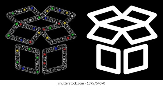 Glossy mesh box icon with lightspot effect. Abstract illuminated model of box. Shiny wire carcass polygonal mesh box icon. Vector abstraction on a black background.