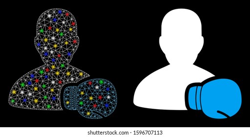 Glossy mesh boxing sportsman icon with sparkle effect. Abstract illuminated model of boxing sportsman. Shiny wire frame polygonal network boxing sportsman icon.