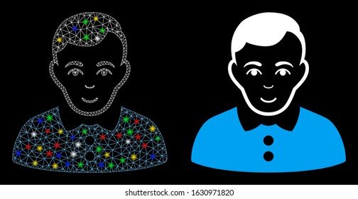 Glossy mesh boy icon with glow effect. Abstract illuminated model of boy. Shiny wire carcass triangular mesh boy icon. Vector abstraction on a black background.