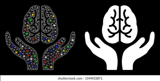 Glossy mesh brain care hands icon with glow effect. Abstract illuminated model of brain care hands. Shiny wire frame polygonal mesh brain care hands icon. Vector abstraction on a black background.