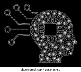 Glossy mesh brain circuit with glow effect. Abstract illuminated model of brain circuit icon. Shiny wire frame triangular mesh brain circuit. Vector abstraction on a black background.