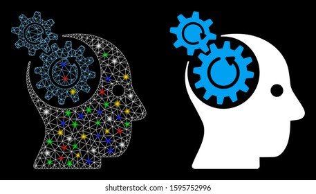 Glossy mesh brain gears rotation icon with glitter effect. Abstract illuminated model of brain gears rotation. Shiny wire frame polygonal mesh brain gears rotation icon.
